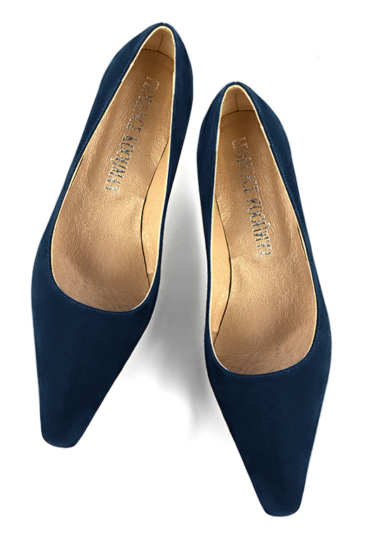Navy blue women's dress pumps,with a square neckline. Tapered toe. Low kitten heels. Top view - Florence KOOIJMAN